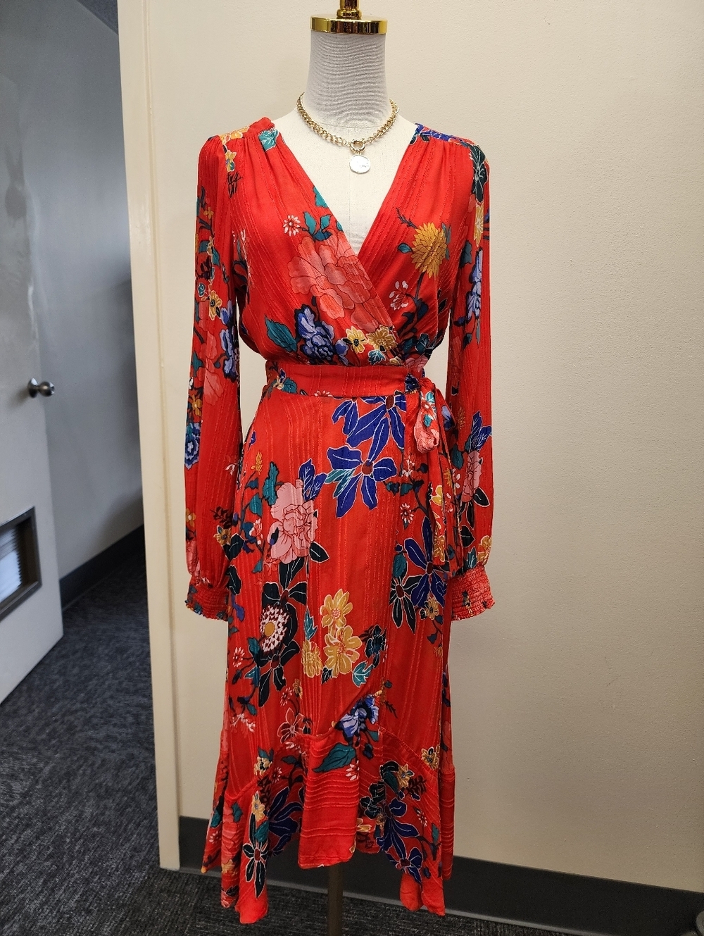 Anthropologie Red Floral Wrap Midi Dress Size 2